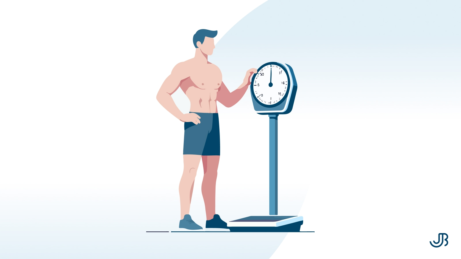 Illustration eines muskulösen Mannes in Shorts, der sich auf einer Waage wiegt. Das Bild symbolisiert Fitness, Körperbewusstsein und Fortschritte im Gewichtsmanagement, passend zu einem aktiven und gesunden Lebensstil.