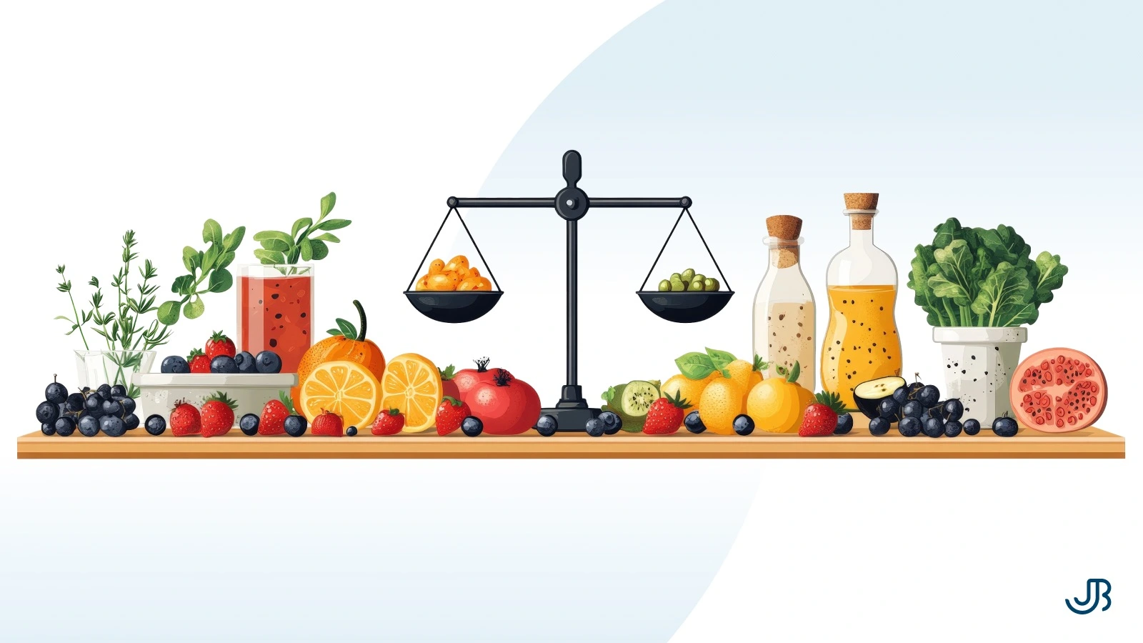 Illustration eines Tisches mit verschiedenen gesunden Lebensmitteln wie Beeren, Zitrusfrüchten, Granatapfel, frischen Kräutern, Salat und Olivenöl. In der Mitte steht eine Waage, die das Konzept der Balance in der Ernährung symbolisiert.